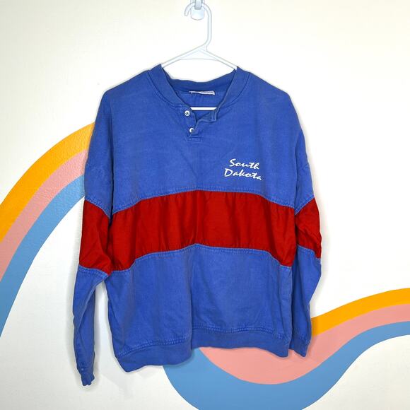 Vtg 80s 90s South Dakota Sweatshirt Long Sleeve Shirt Mens M Blue Red Colorblock - Picture 1 of 5